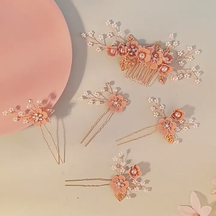 Load video: Pink Flower and Leaf Coiled Handmade Pearl Hairpin(5-piece set)