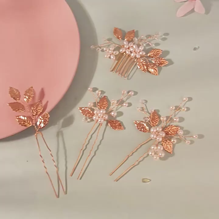 Load video: Golden Leaf and Pearl Winding Hair Comb and Hairpin Set(4 piece set)