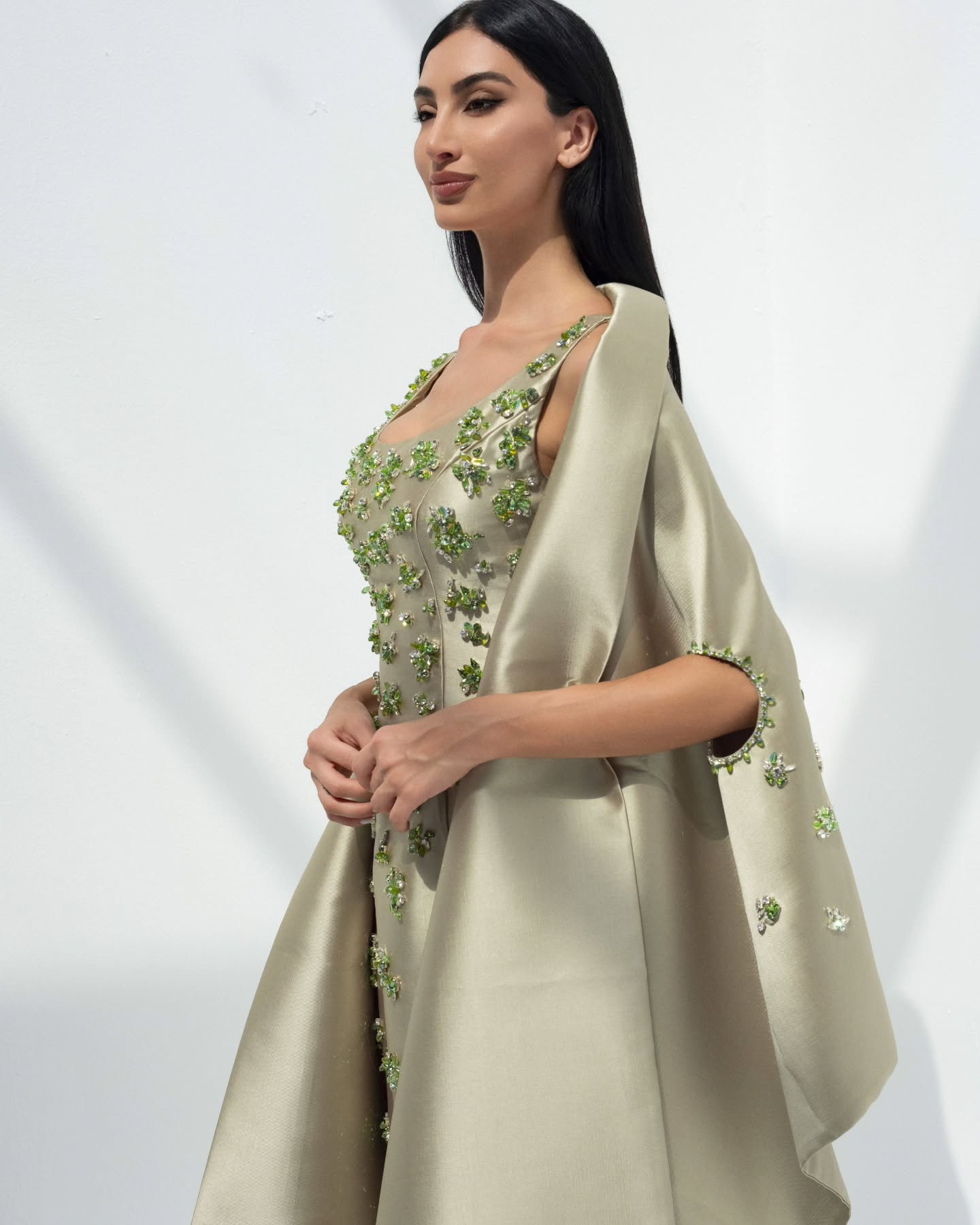Chic Sage Green 3D Floral Beaded Evening Dress with Cape SS536