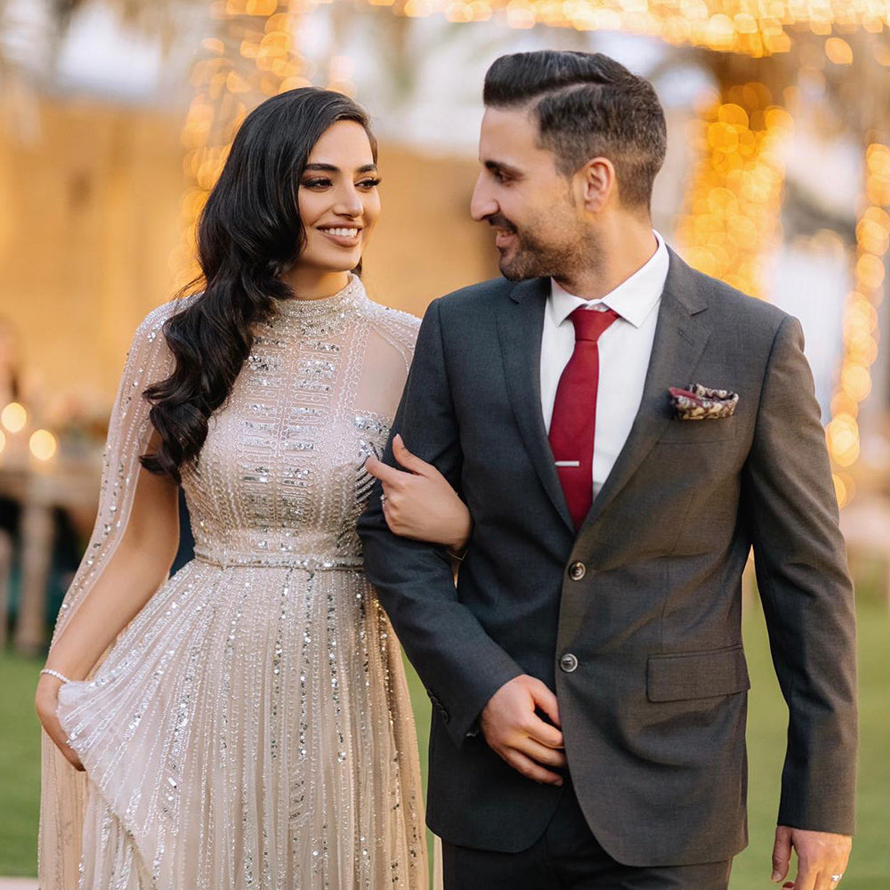 Dreamy Vow Luxury Dubai Grey Nude Arabic Evening Dresses with Cape Sleeves Elegant Women Formal Gowns for Wodding Party 428