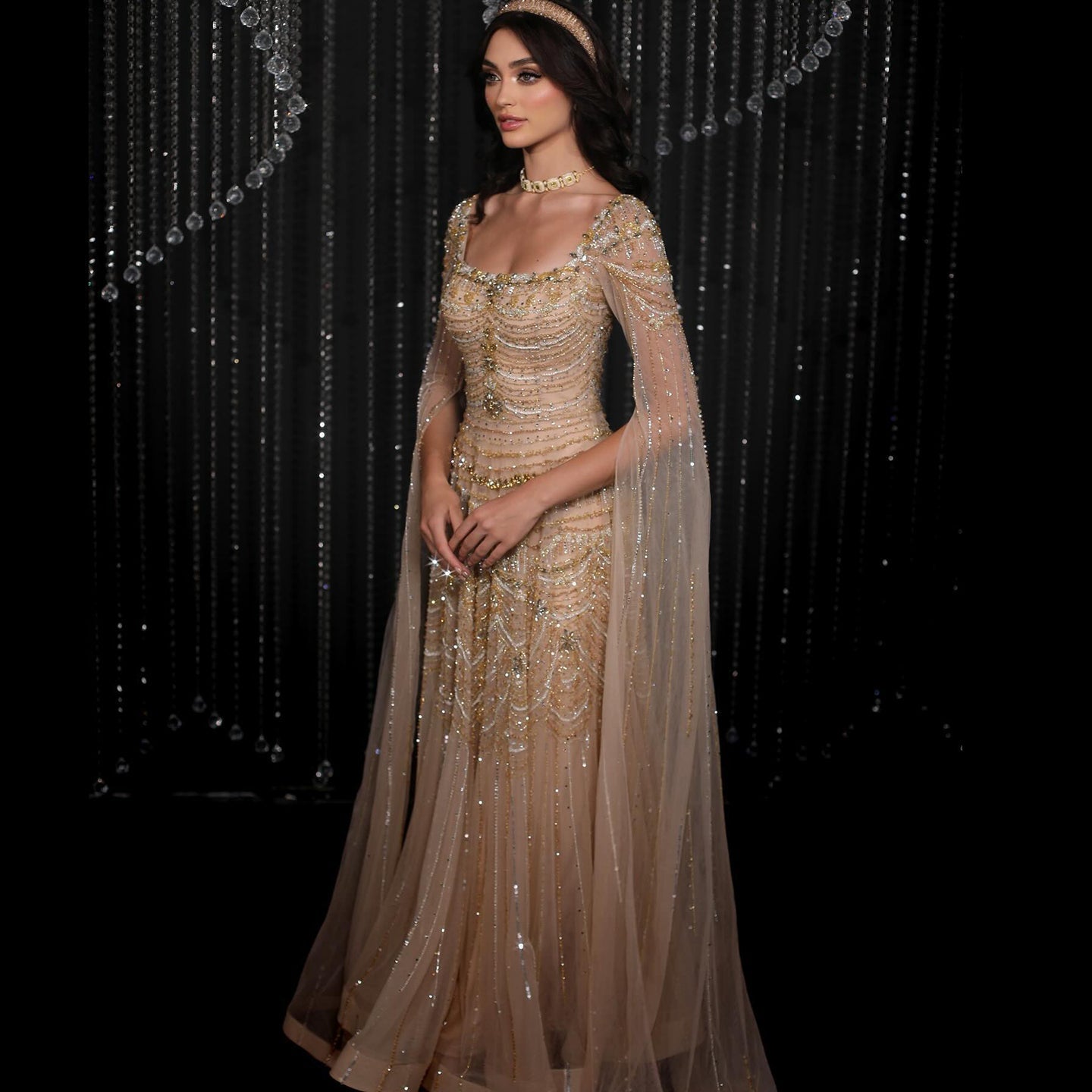 Luxury Beaded Caramel Evening Dress with Cape Sleeve SS591