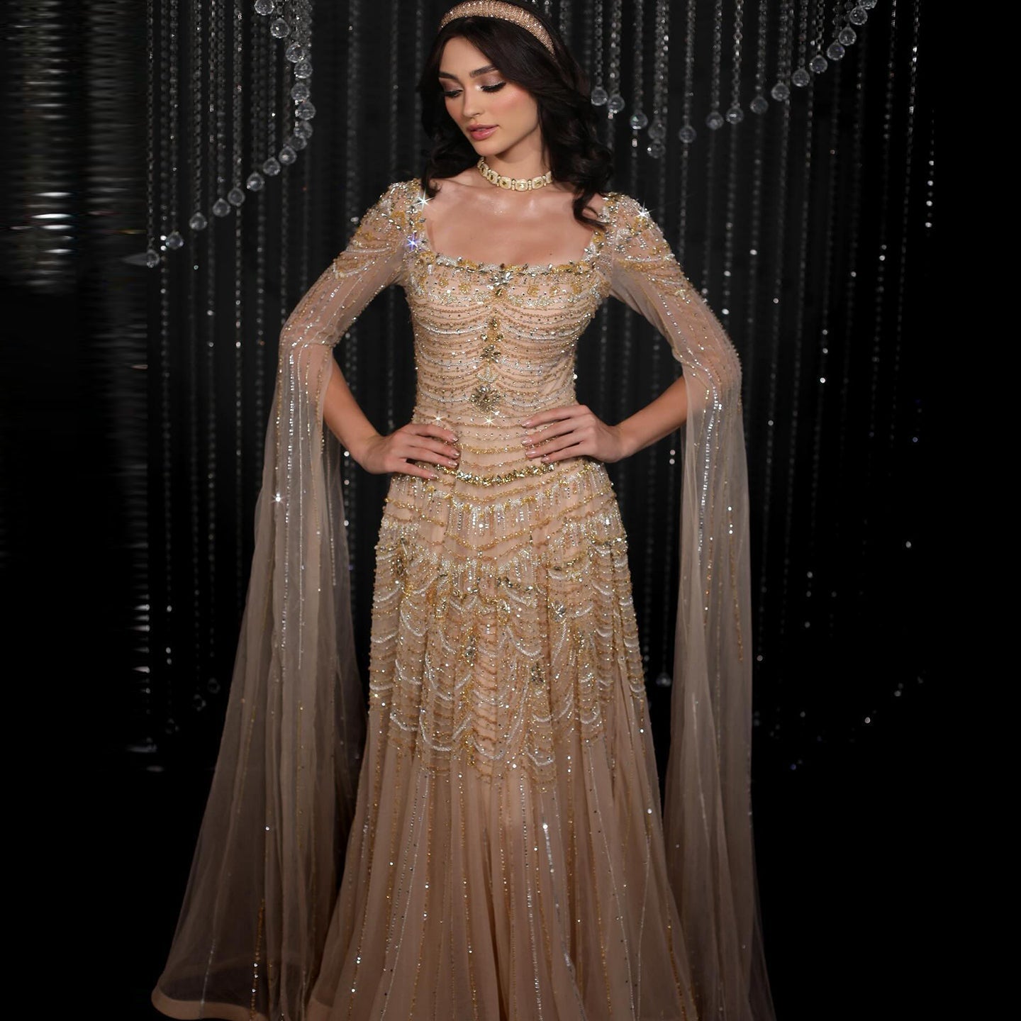 Luxury Beaded Caramel Evening Dress with Cape Sleeve SS591