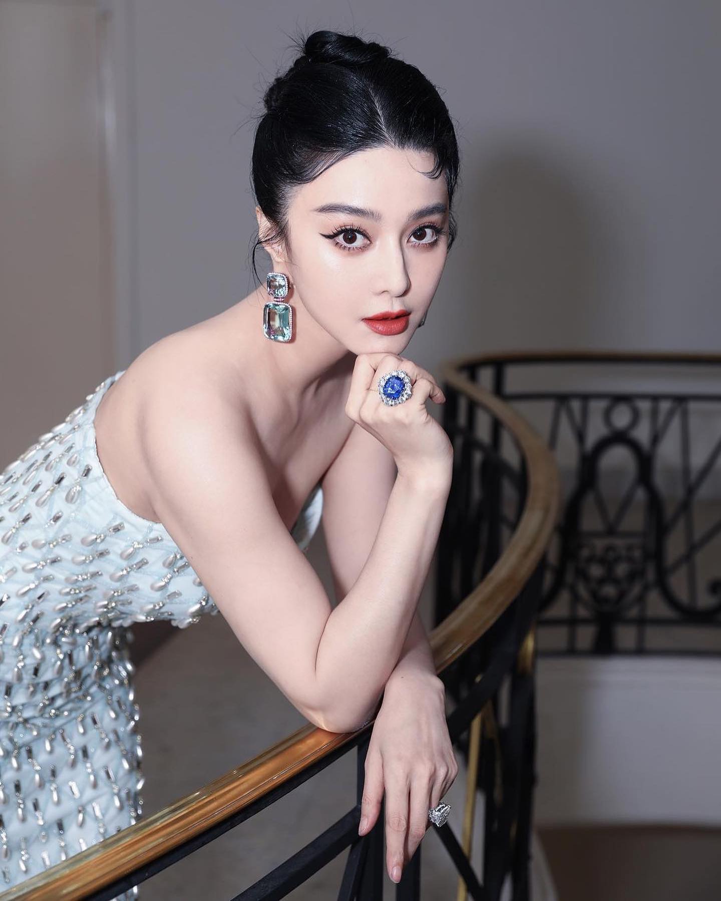 Luxury Crystal Pearls Sage Green Evening Dress with Cape SS431