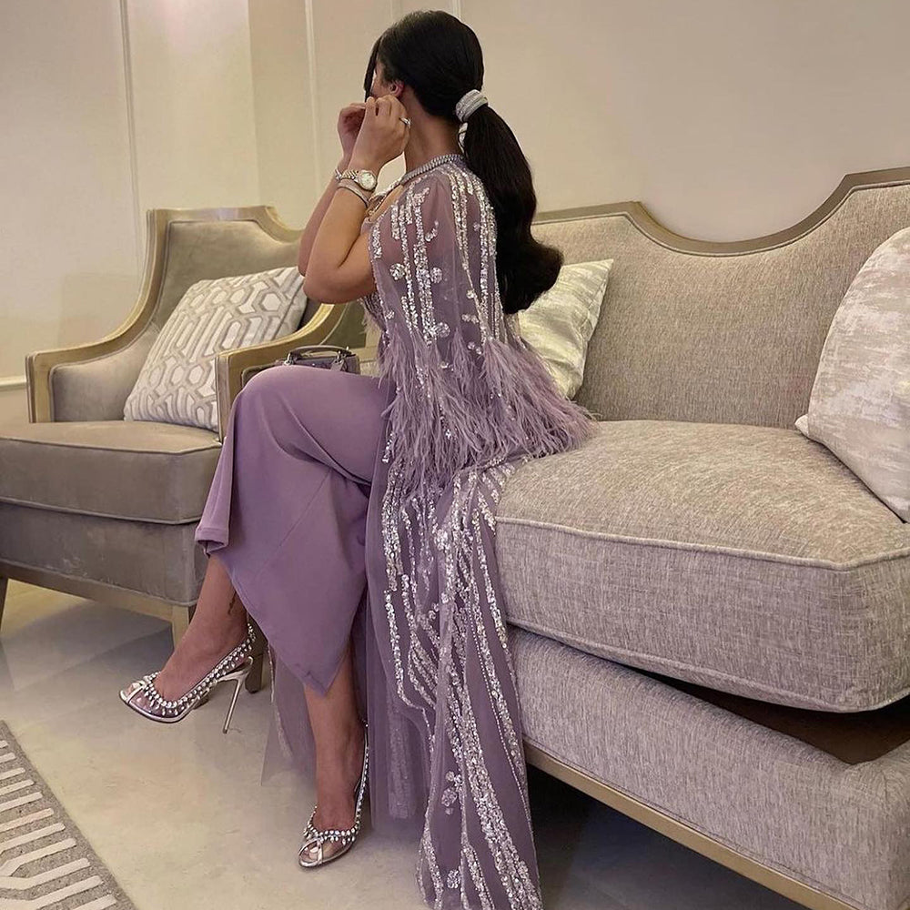 Dreamy Vow Light Yellow Luxury Dubai Feathers Evening Dresses for Women Wedding Party Arabic Purple Formal Prom Gowns 430