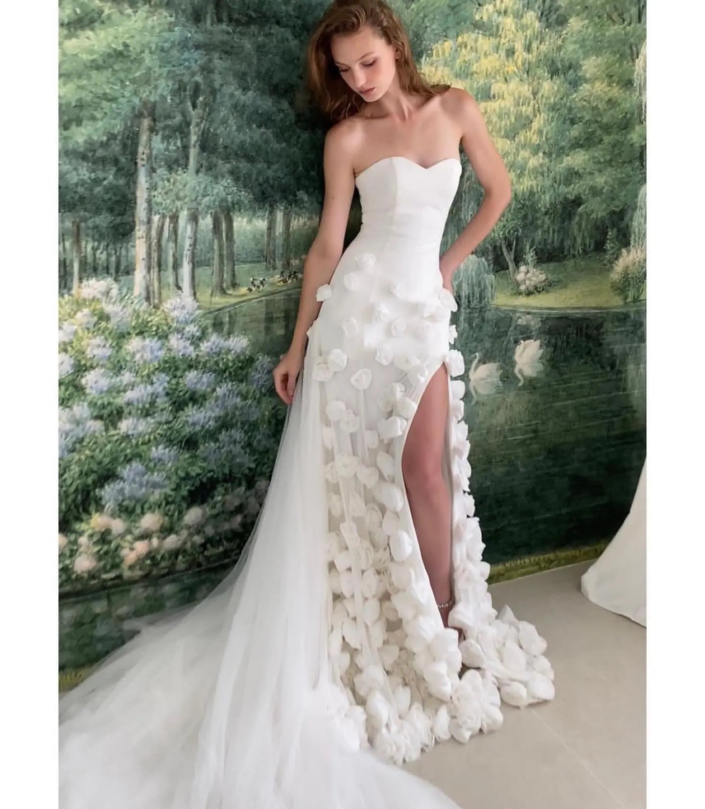 Chic Pink 3D Flowers Strapless Mermaid Evening Dress Side Slit SS207 Sharon Said