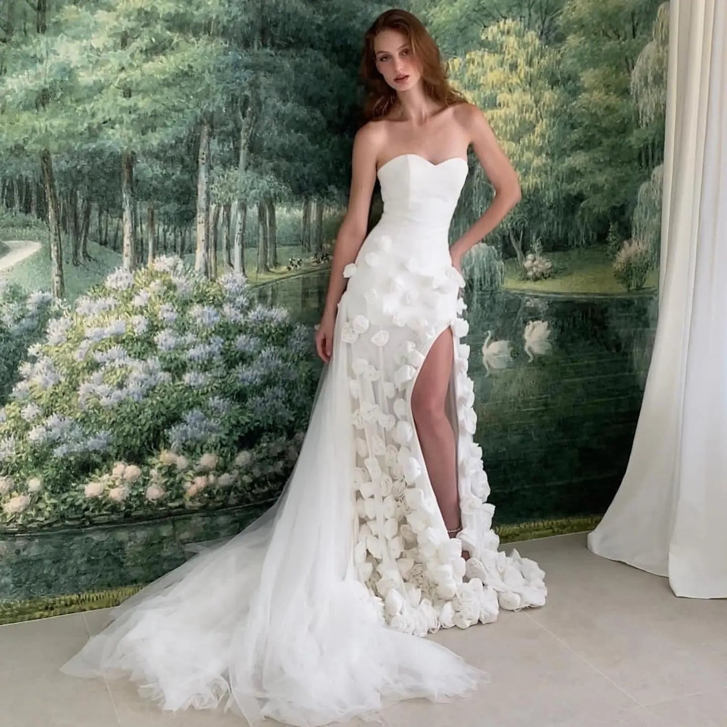 Chic Pink 3D Flowers Strapless Mermaid Evening Dress Side Slit SS207 Sharon Said