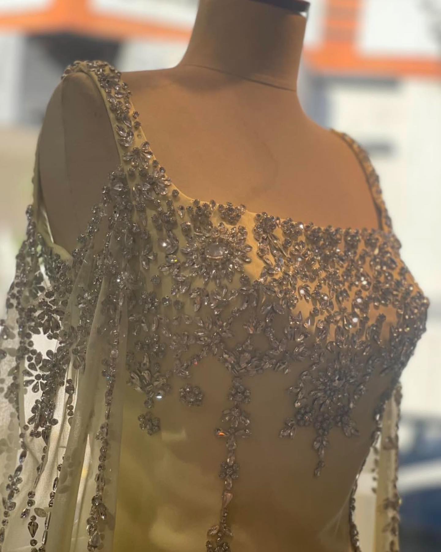 Chic Blue Crystal  Evening Dress with Flowing Cape Sleeve SS305