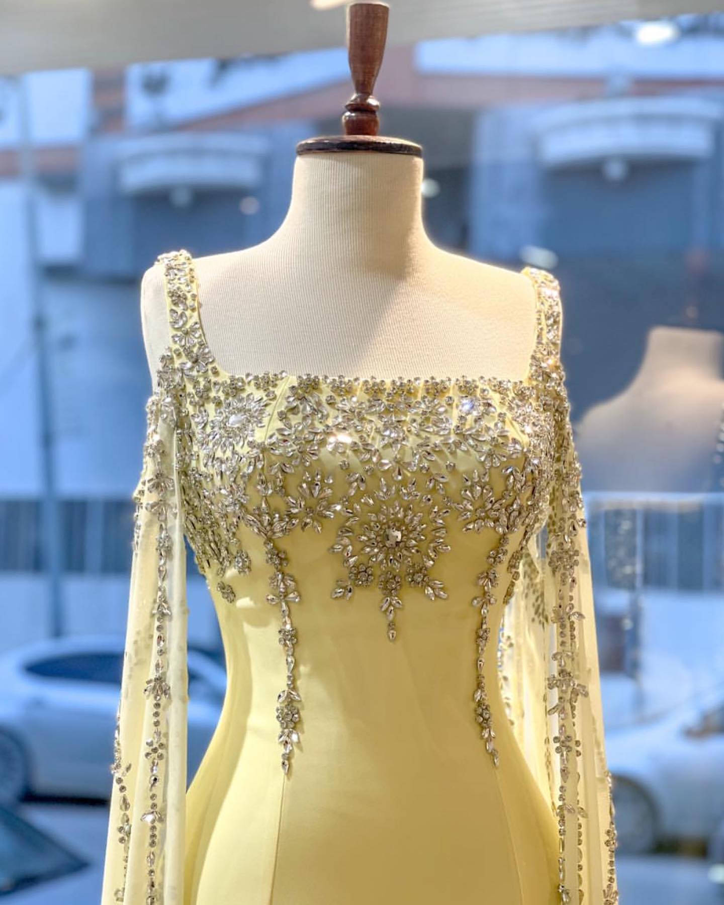 Chic Blue Crystal  Evening Dress with Flowing Cape Sleeve SS305