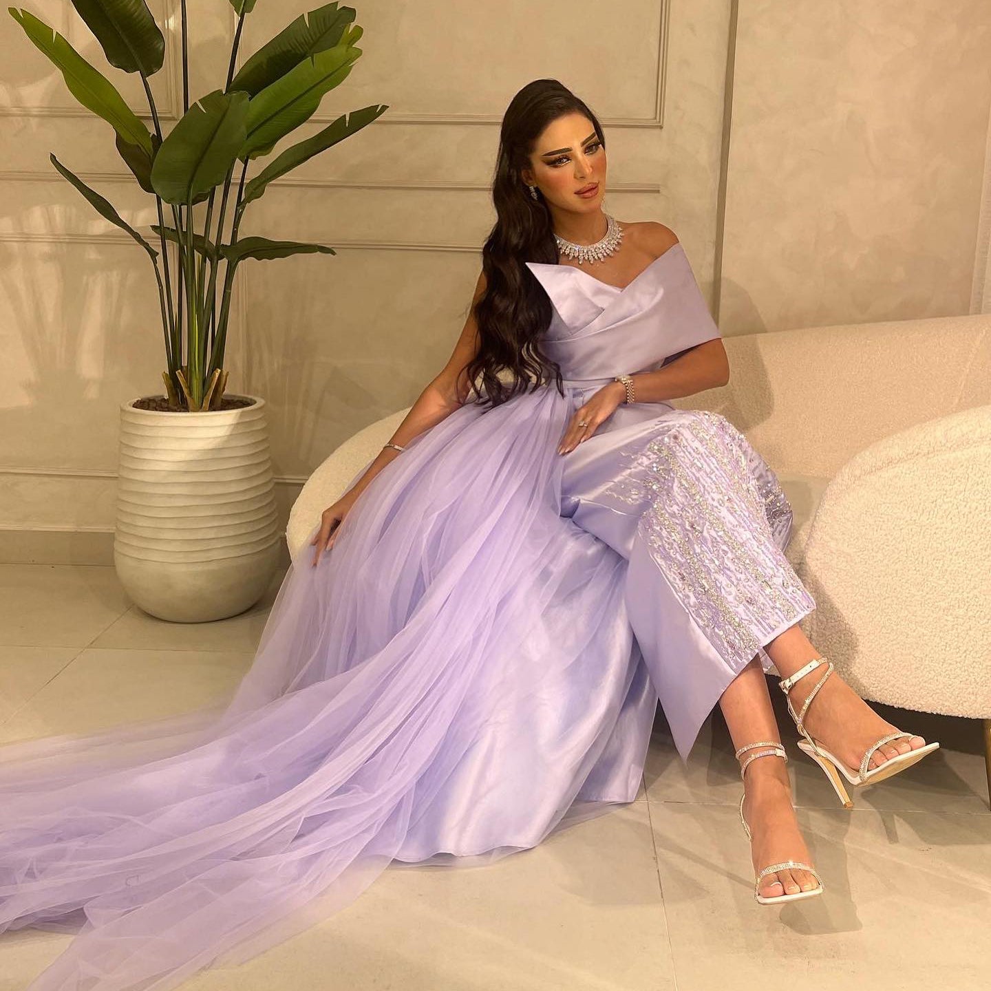 Luxury Lilac One Shoulder Evening Dress with Overskirt SS405