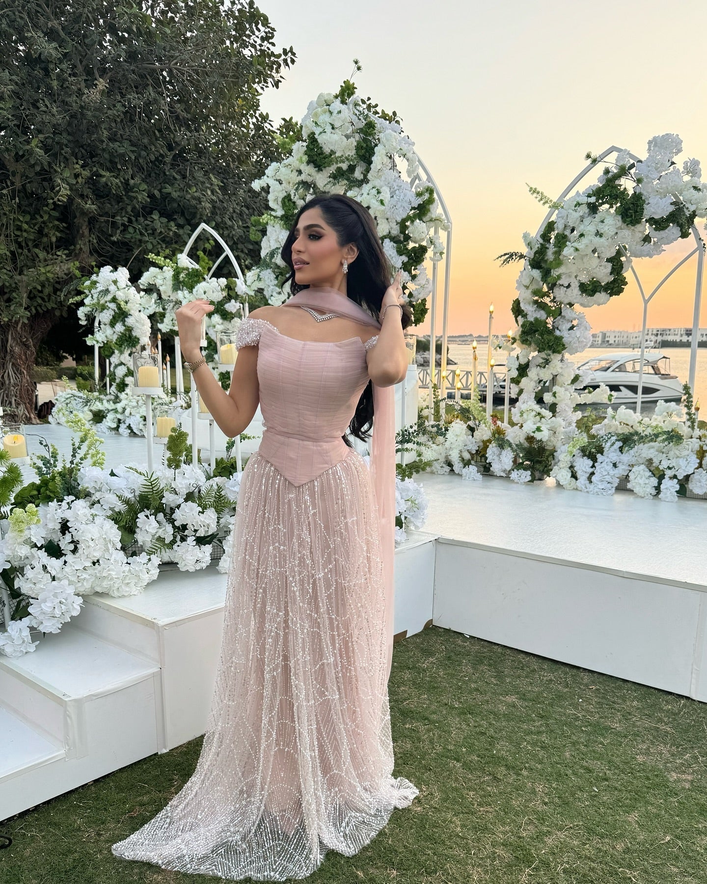 Romantic Beaded Pink Off Shoulder Evening Dress with Scarf SS766