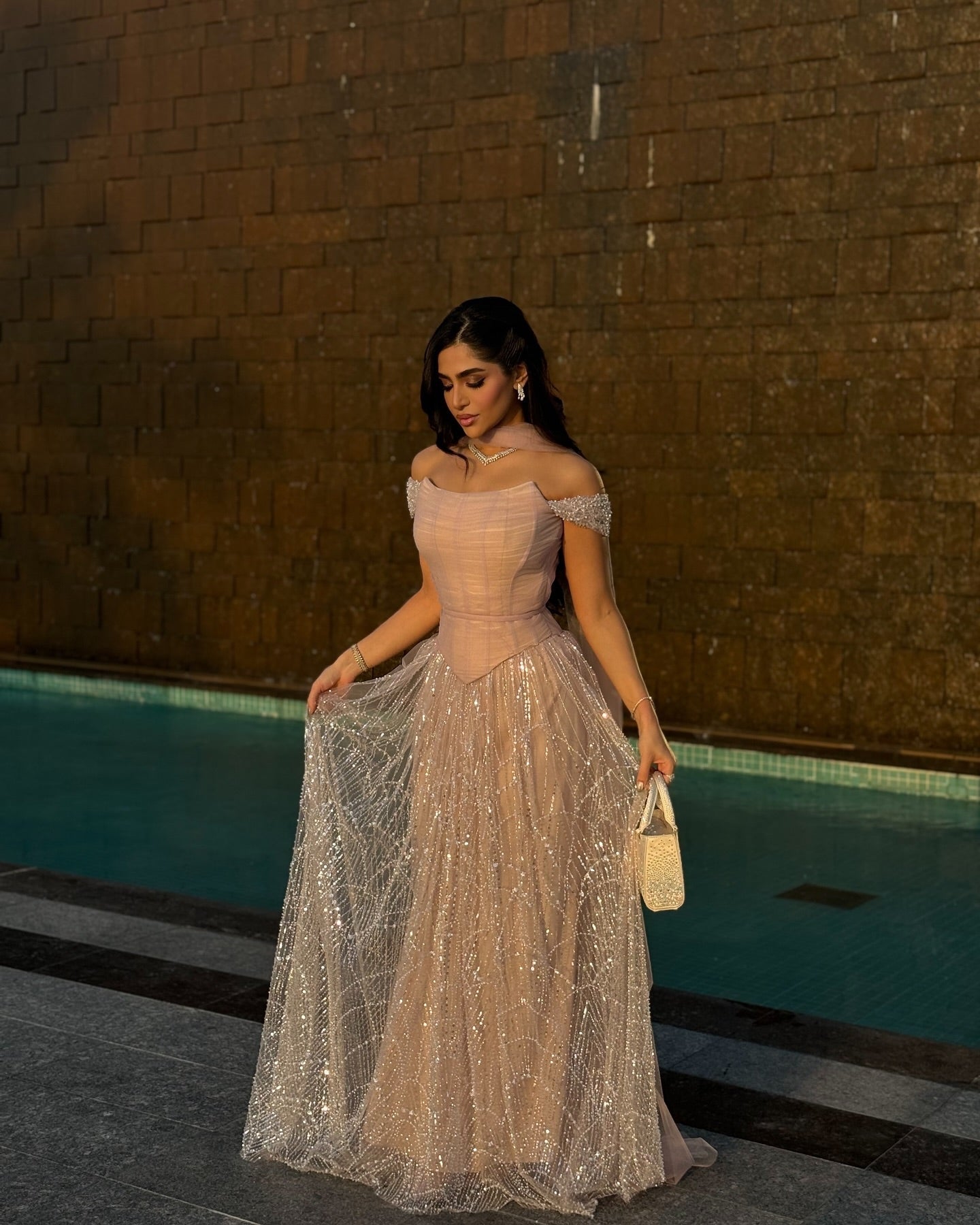 Romantic Beaded Pink Off Shoulder Evening Dress with Scarf SS766