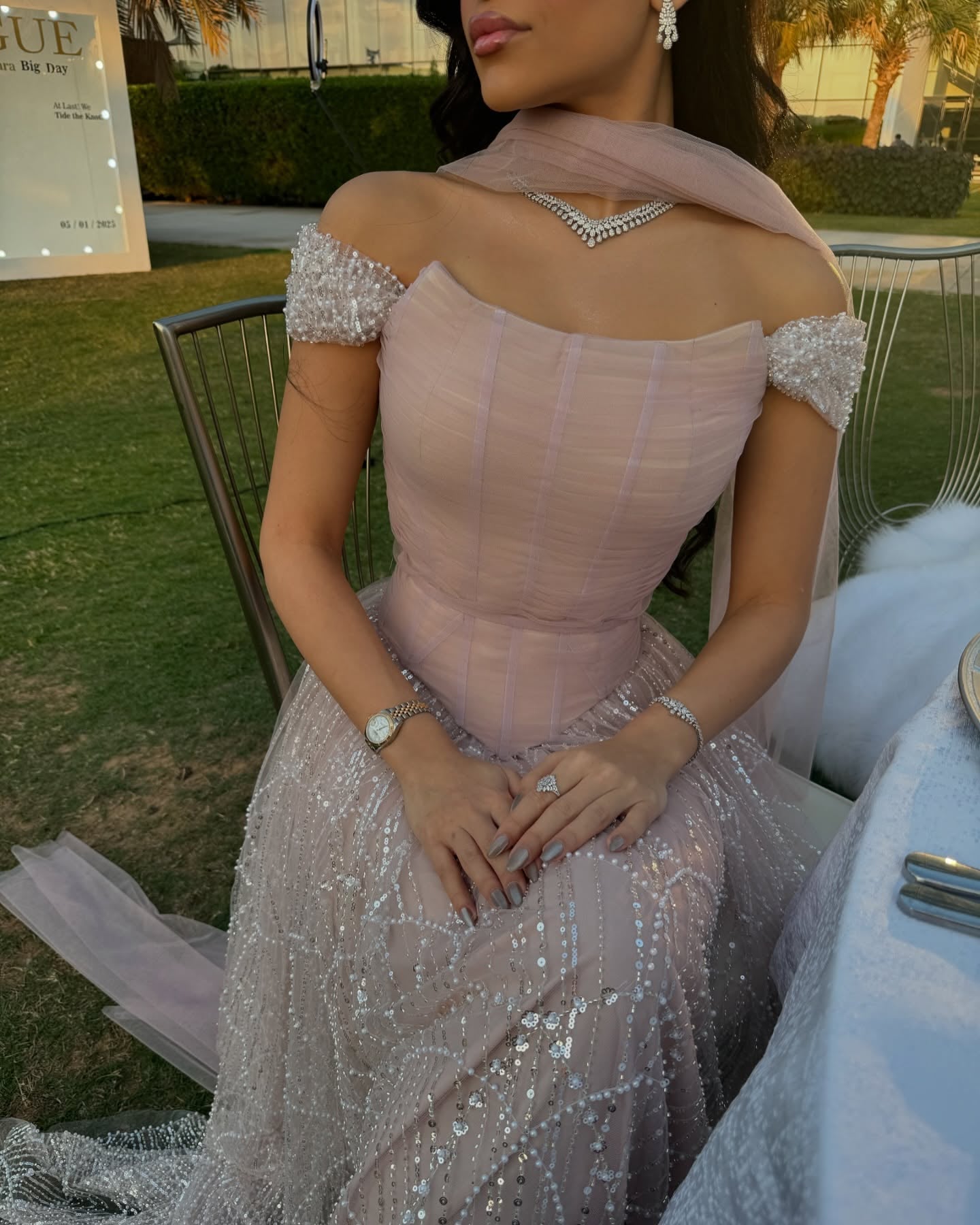 Romantic Beaded Pink Off Shoulder Evening Dress with Scarf SS766