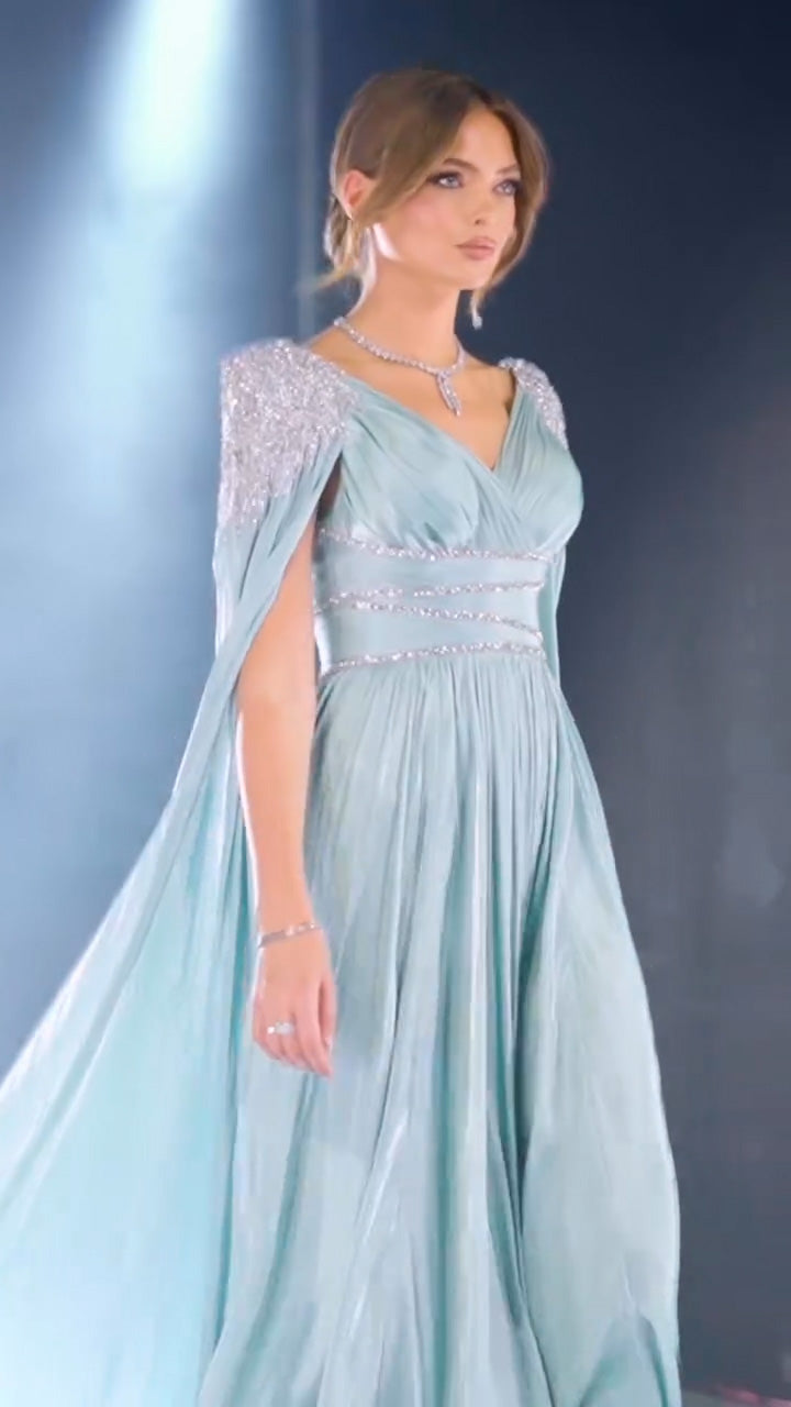 Luxury Crystal Rose Gold Evening Dress with Cape SS589