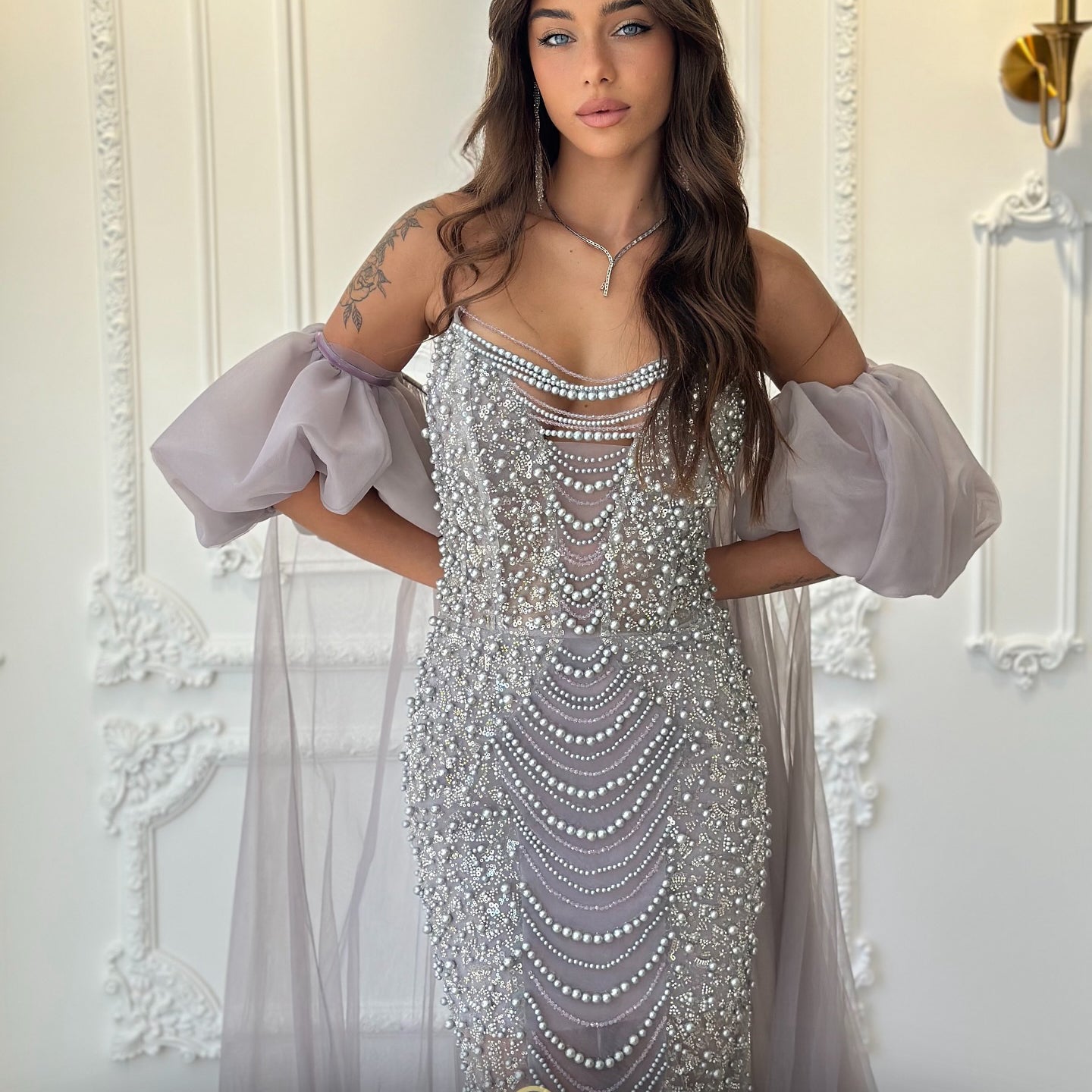 Luxury Pearls Tassel Purple Evening Dress with Cape SS199