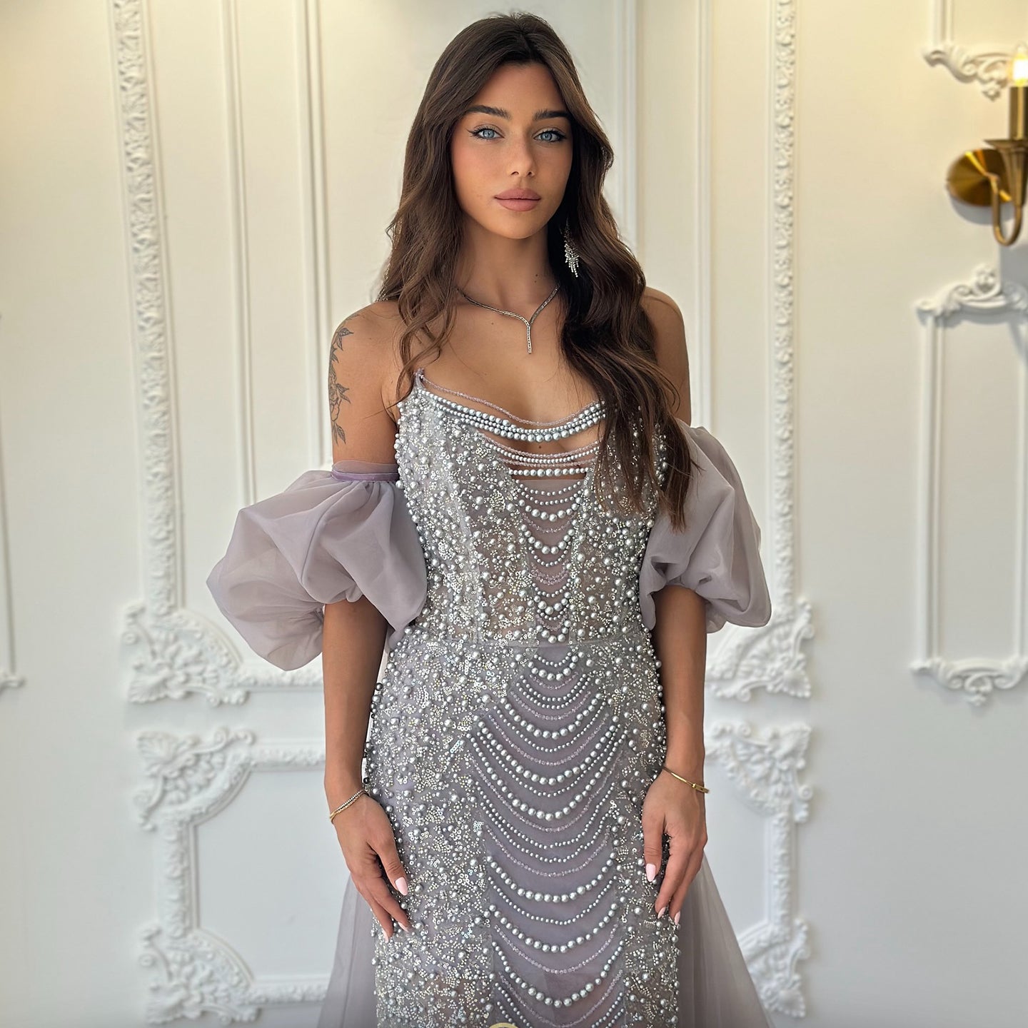 Luxury Pearls Tassel Purple Evening Dress with Cape SS199