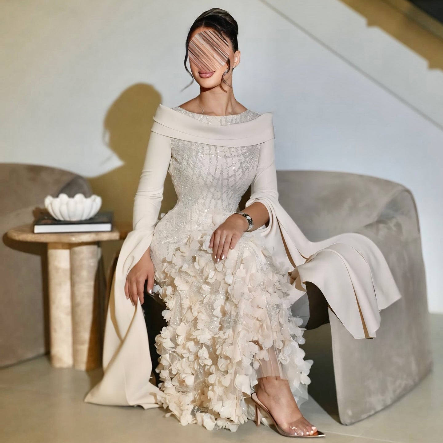 Romantic 3D Floral Evening Dress with Cape Sleeves SS272