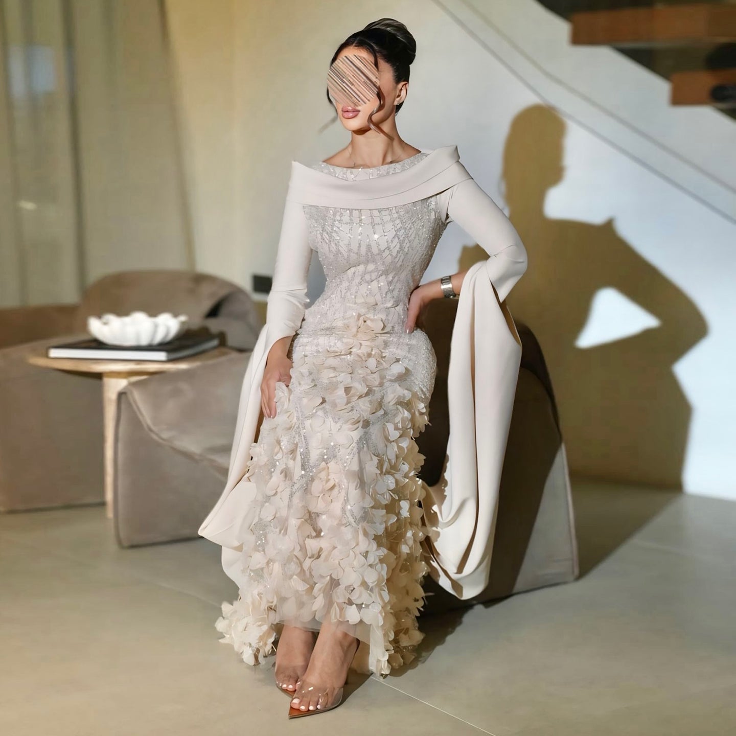 Romantic 3D Floral Evening Dress with Cape Sleeves SS272