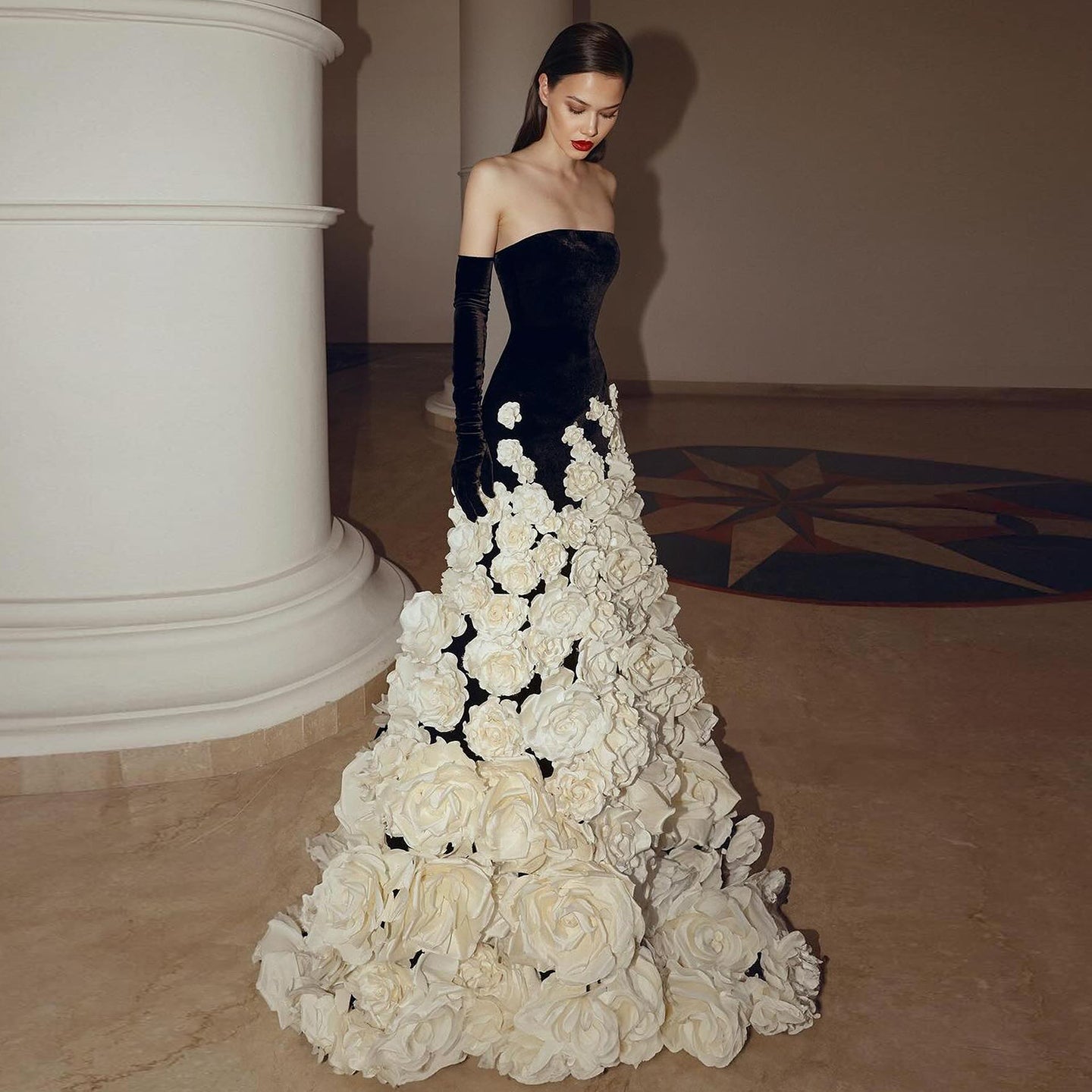 3D Flowers Black Velvet Strapless Evening Dress with Gloves SS748