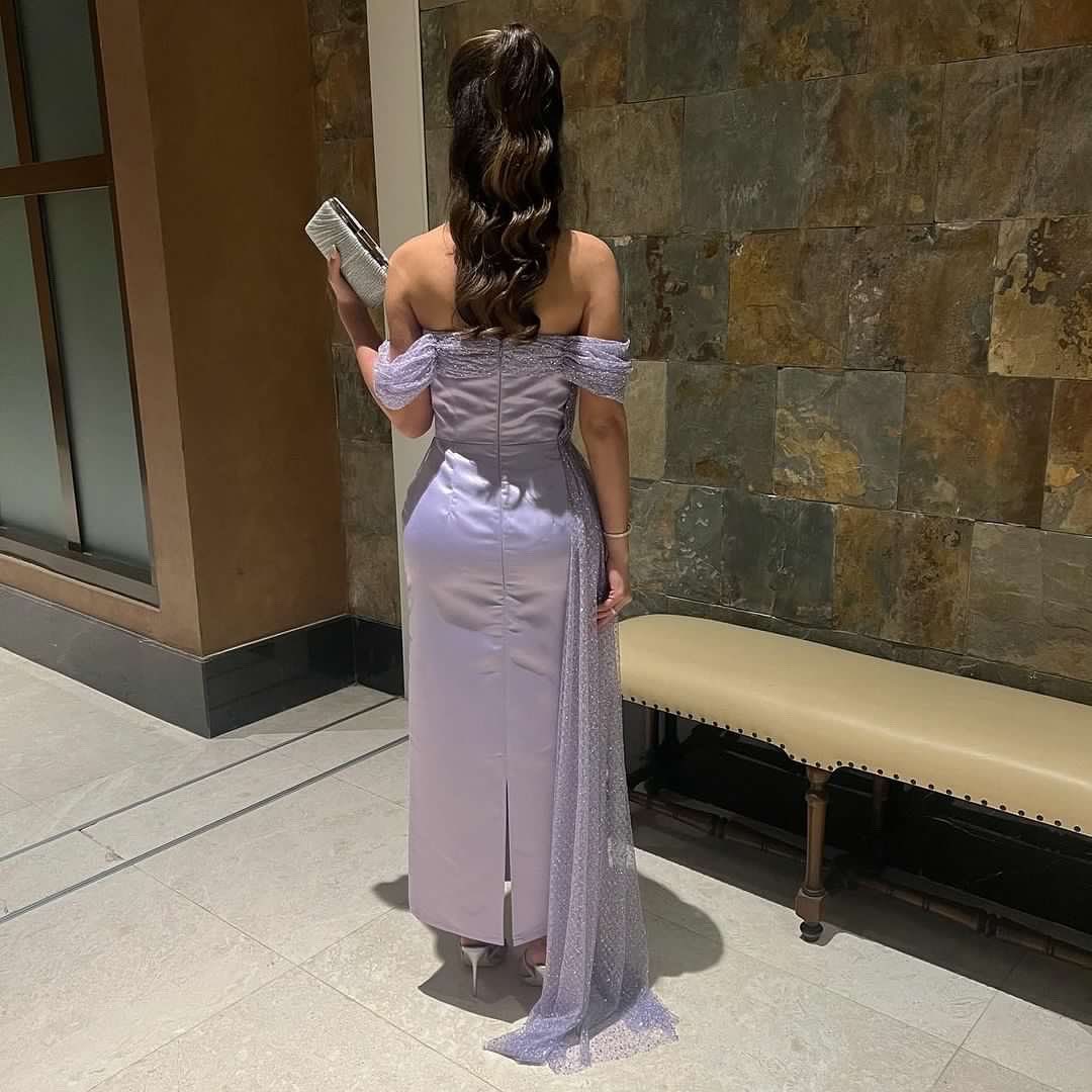 Elegant Off Shoulder Lilac Evening Dress with Overskirt SS340