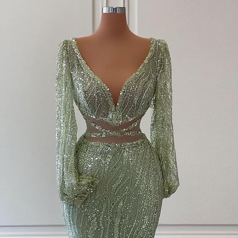 Luxury Beaded Long Sleeves Sage Green Formal Dress RM033
