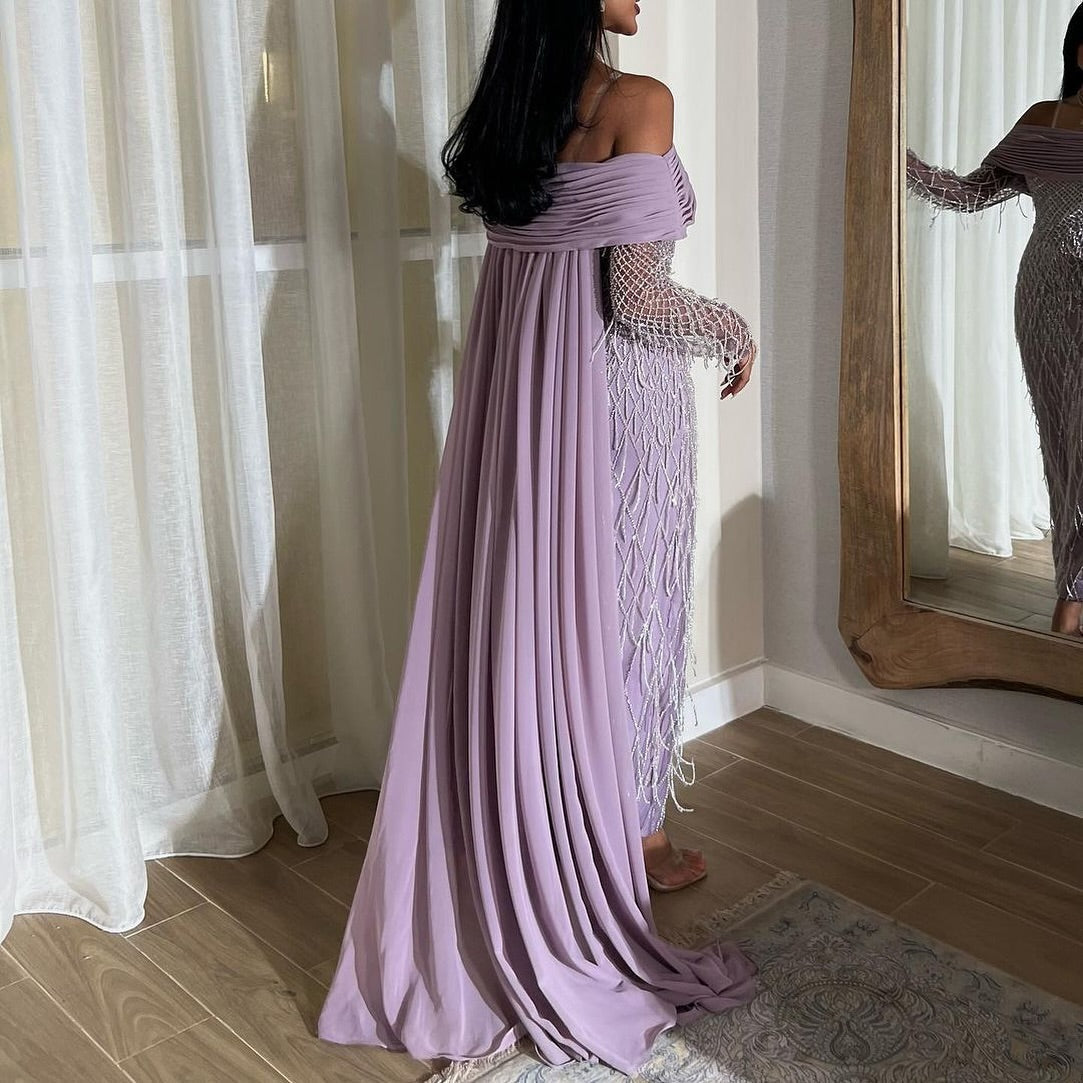 Luxury Tassel Lilac Off Shoulder Evening Dress with Cape SS708