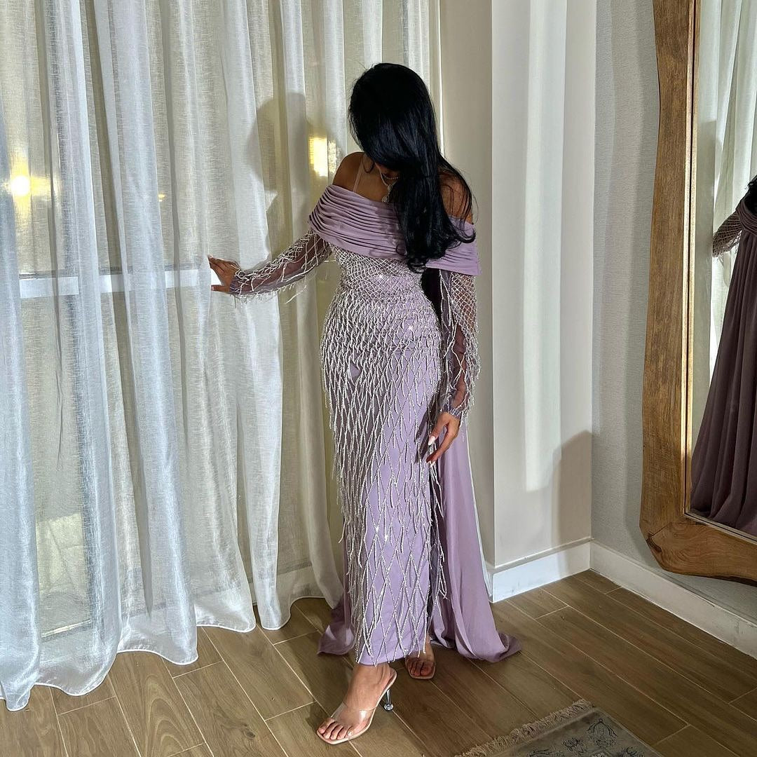 Luxury Tassel Lilac Off Shoulder Evening Dress with Cape SS708
