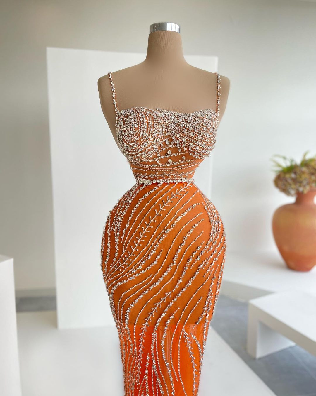 Luxury Orange Crystal Spaghetti Cocktail Party Dress RM155