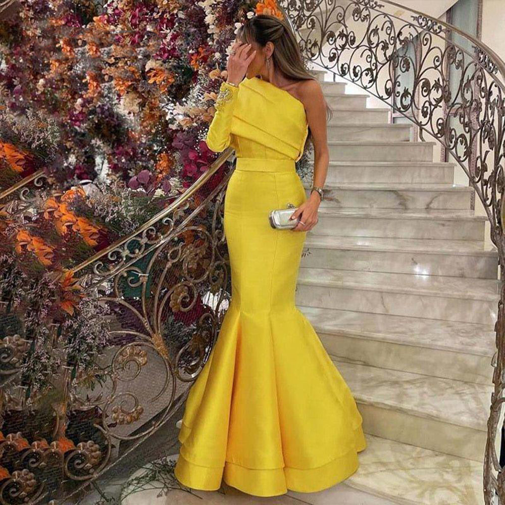 Elegant Yellow One Shoulder Mermaid Evening Dress SS414