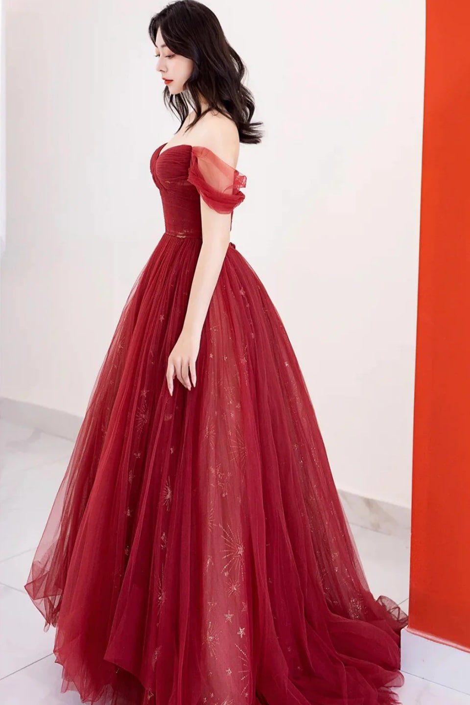 A-Line/Princess Tulle Long Prom Dress,Off the Shoulder Backless Evening Dress-963