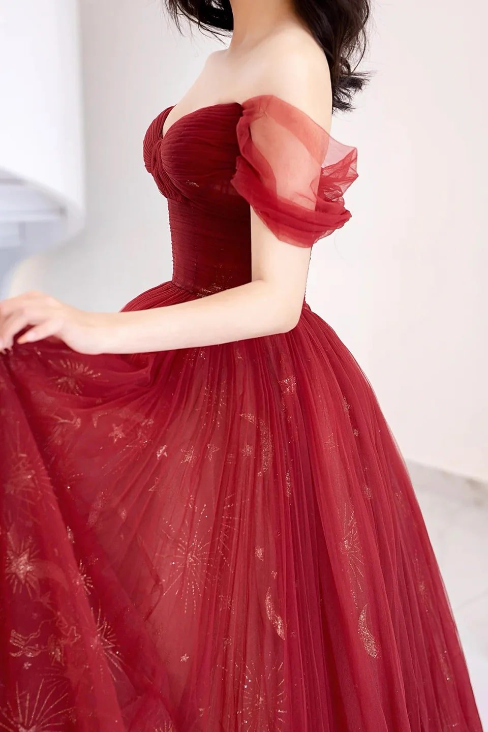 A-Line/Princess Tulle Long Prom Dress,Off the Shoulder Backless Evening Dress-964