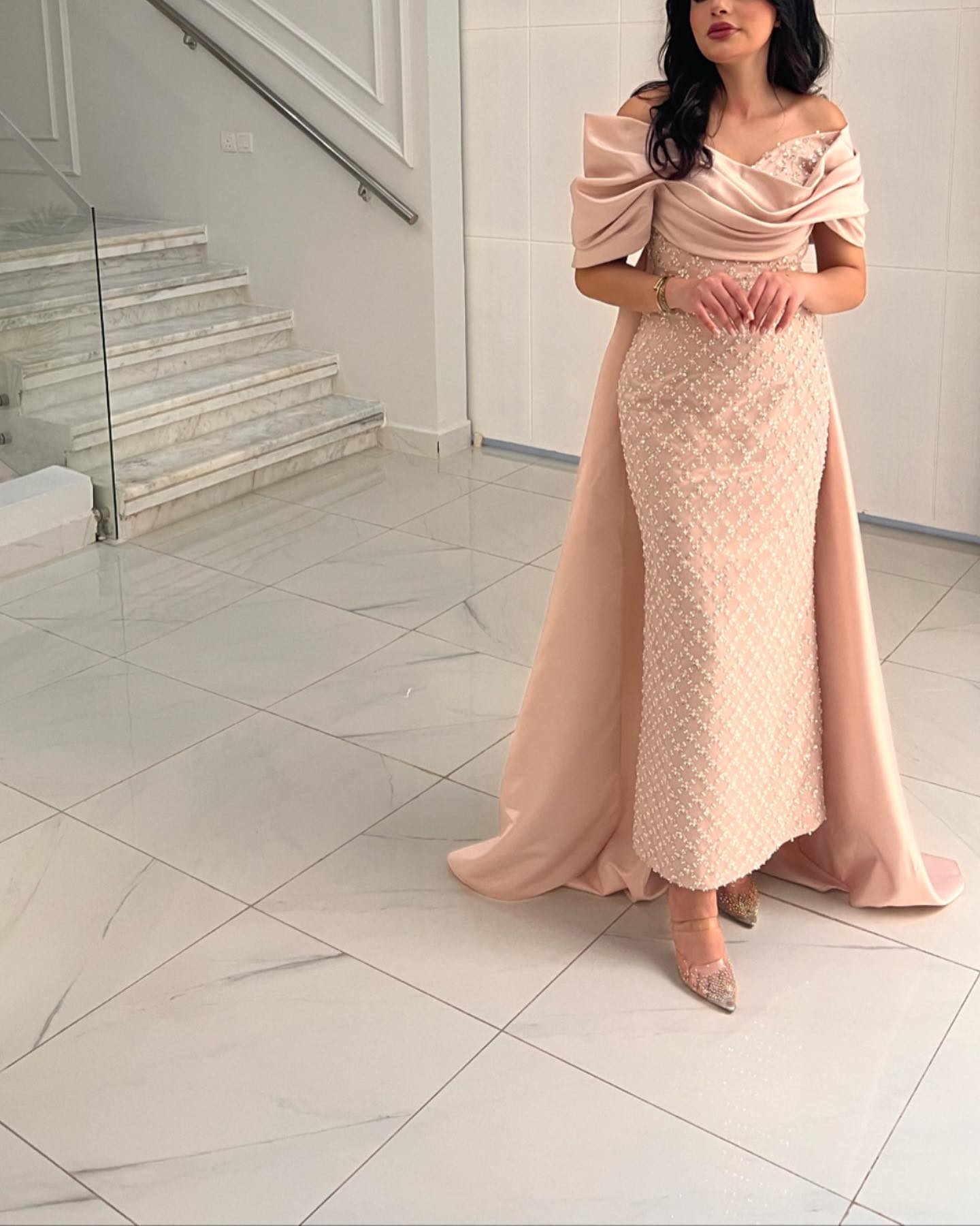 Luxury Off Shoulder Pink Evening Dress with Cape SS709